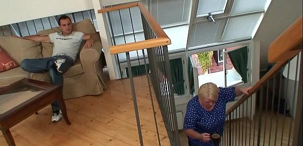  Blonde old granny gives head and rides him